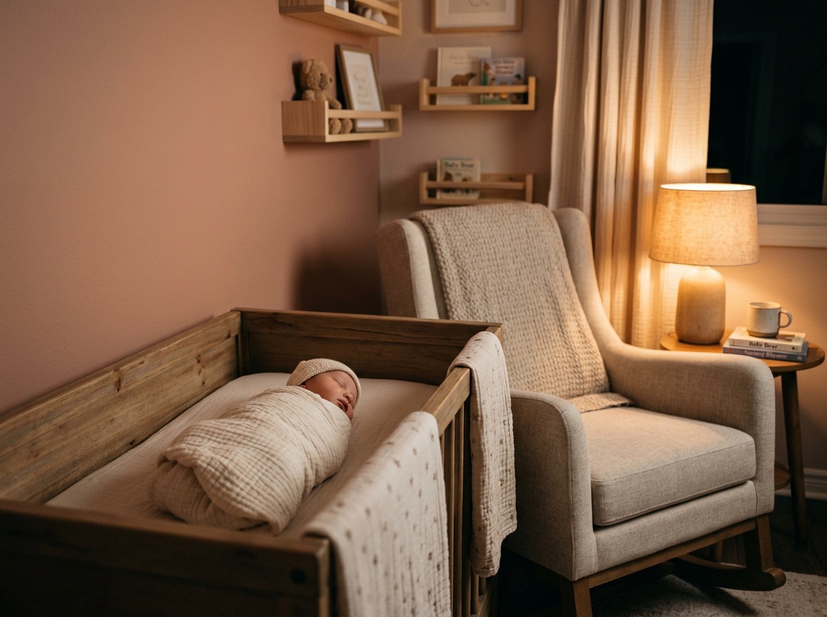 A quiet nursery at night, a swaddled newborn asleep in a bassinet beside a softly glowing lamp