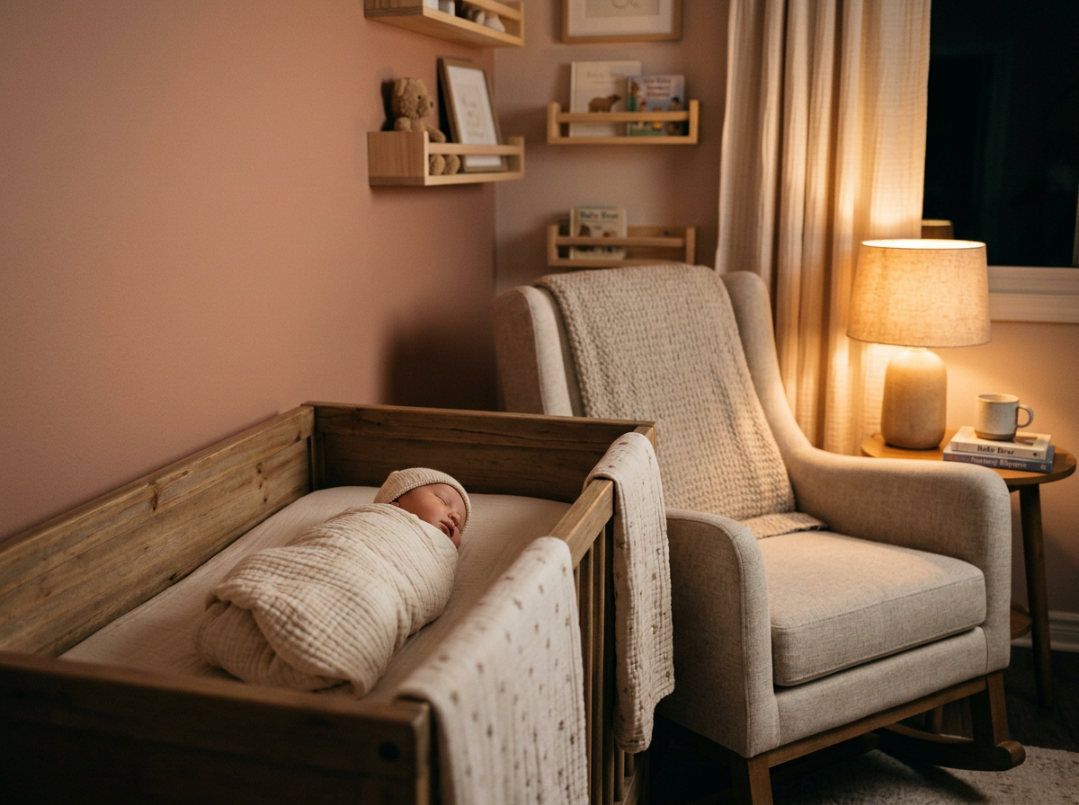 A quiet nursery at night, a swaddled newborn asleep in a bassinet beside a softly glowing lamp